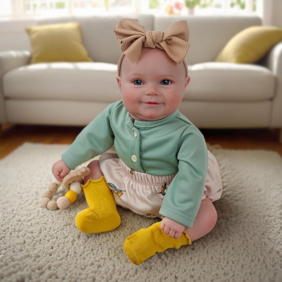 Zittende reborn babypop met grote beige strik, groene top, luier met citroenprint, gele sokken en houten bijtring, op een kleed.