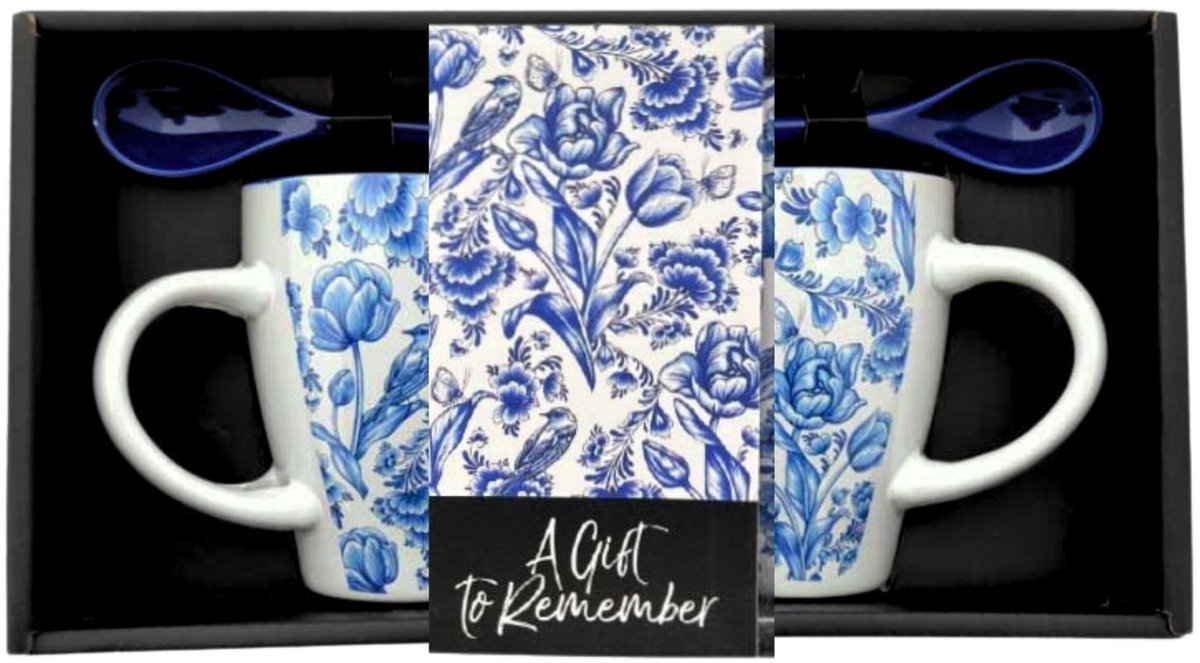 Mokken-set - Delfts blauw - Souvenir - Typisch Hollands - Keramiek - 2 mokken met lepel - in geschenkverpakking