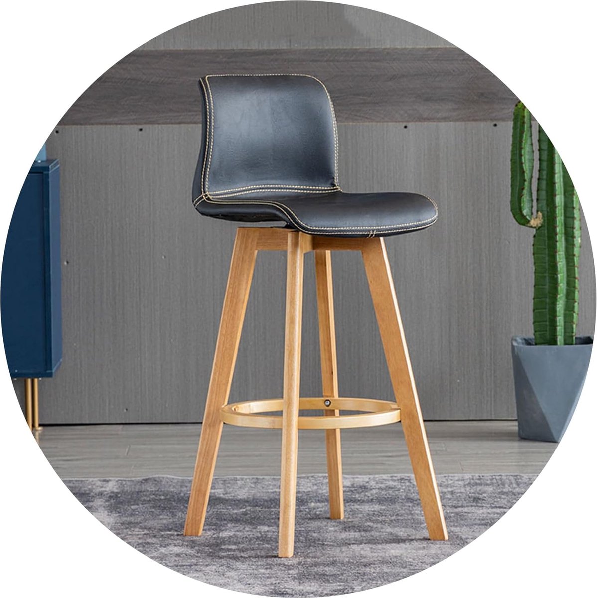 Draaibare Barstoel - Hoge Kruk - Keuken Bar - Gestoffeerde Rugleuning - 61 cm Hoog - Zwart