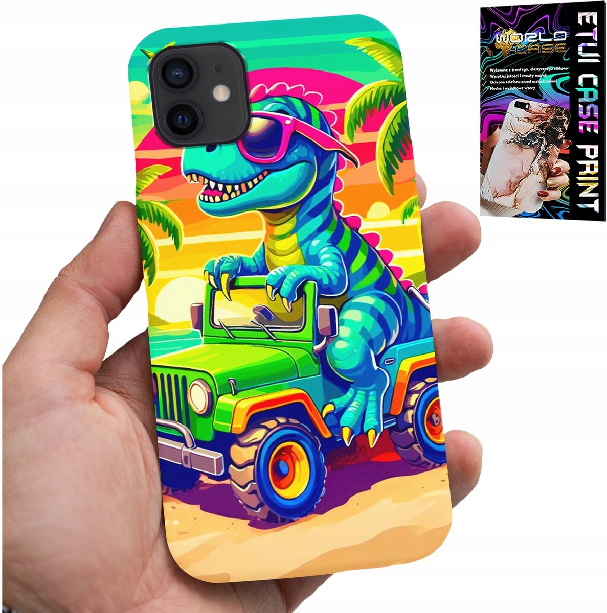 iPhone 13 Mini hoesje - Dinosaurus in een vrachtwagen patroon voor kinderen