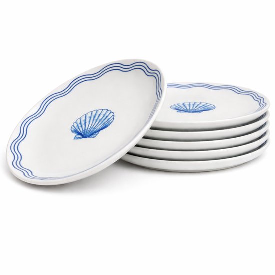 OTIX Assiettes de Petit-déjeuner - 6 Pièces - Porcelaine - Vaisselle - Assiettes - Blauw - Wit - Petites Assiettes à Gâteau - 19 cm - LAGUNA