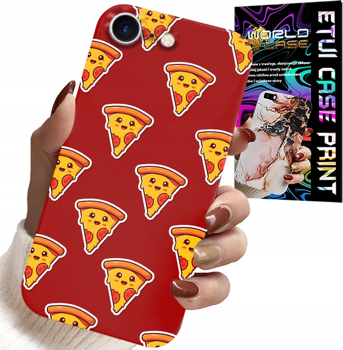 HOESJE VOOR IPHONE 7 / 8 / SE2 - HAPPY PIZZA PATROON OP EEN RODE ACHTERGROND