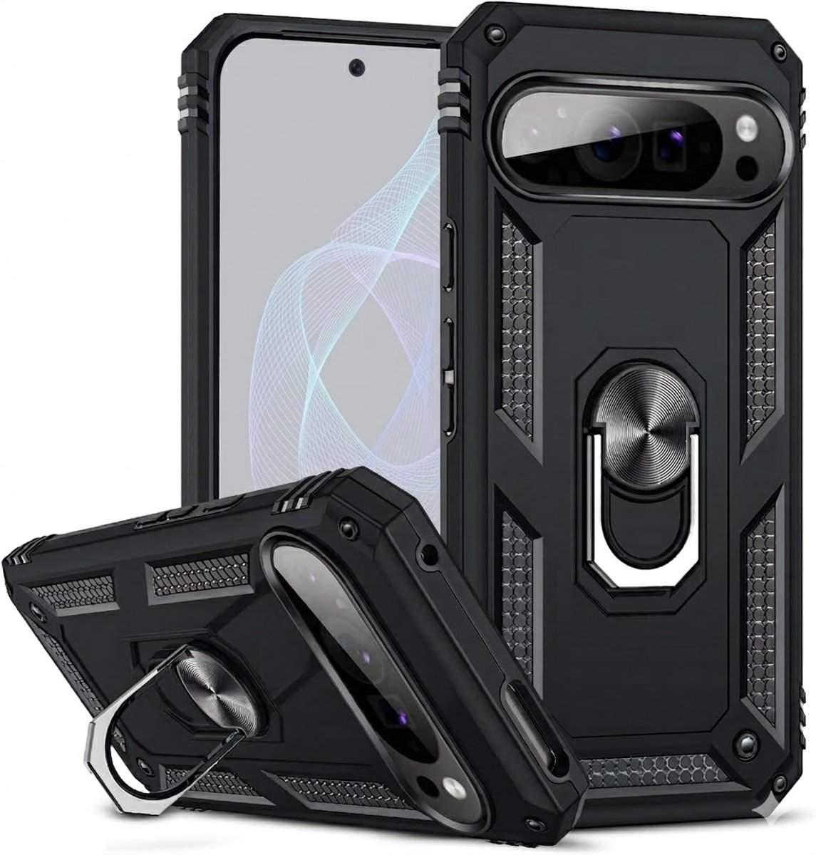 Casemania Hoesje Compatibel met Google Pixel 9 Pro - Zwart - Armor Kickstand Back Cover