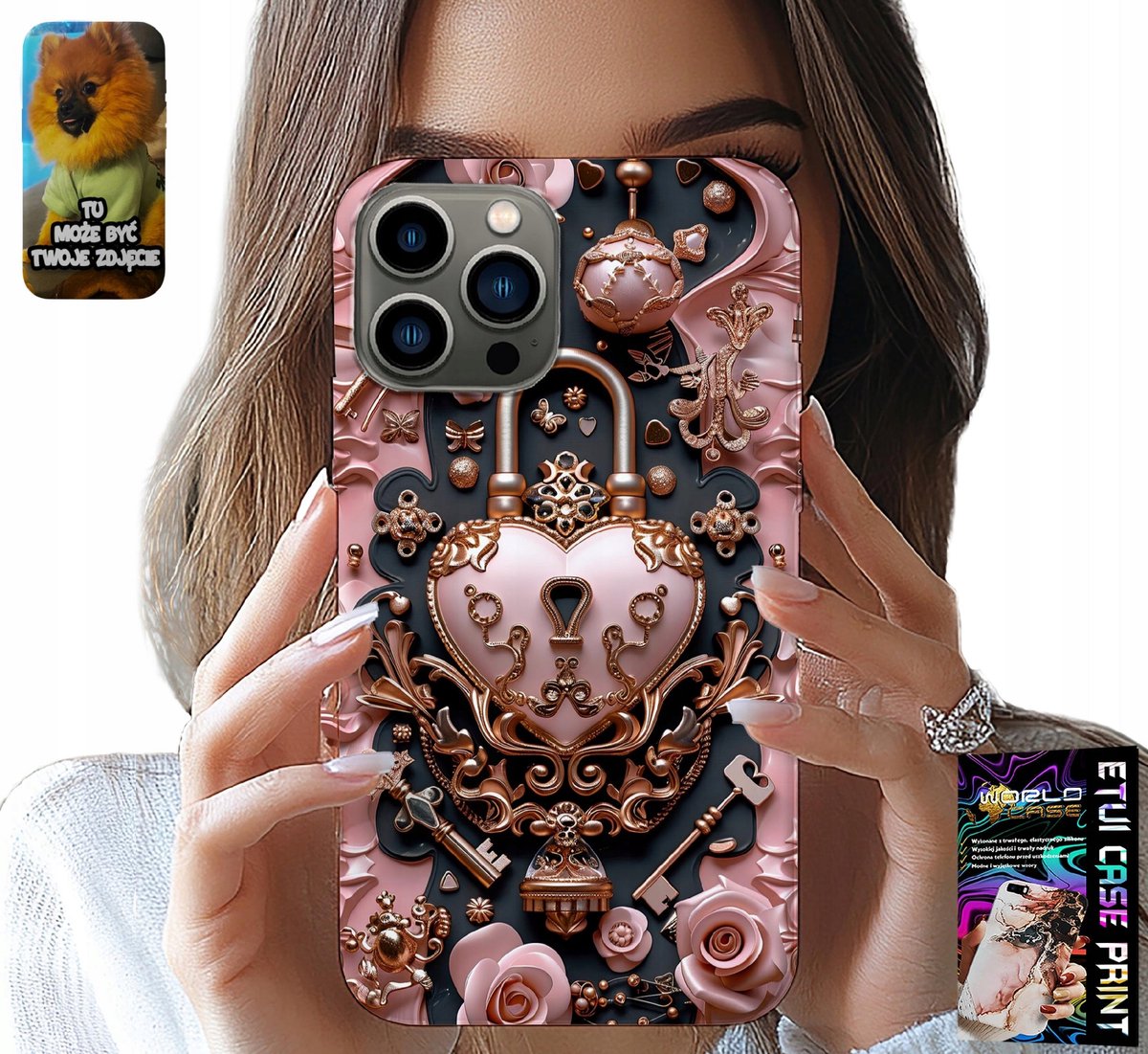 iPhone 13 Pro hoesje - vrouwelijk, modieus patroon, hartvormig hangslot roos