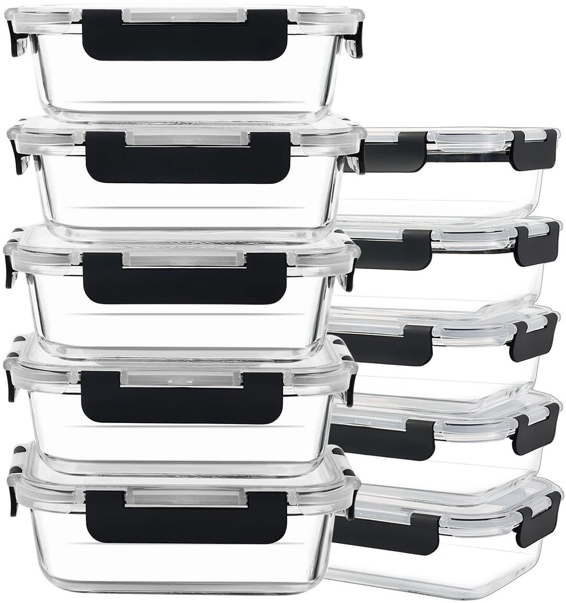 Vershoudbakjes - 10 Stuks - Gehard Glas - Met Deksel - 5x 1040 ml en 5x 370 ml - Diepvriesbakjes - Meal Prep - Luchtdicht - Lekvrij - Transparant