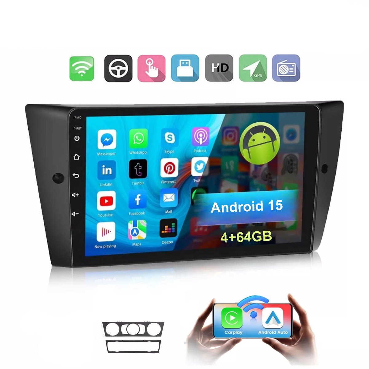 ESSGOO Autoradio met Draadloos Carplay en Android Auto - Geschikt voor BMW 3 serie E90 E91 E92 E93 2005 t/m 2013 - navigatie Android 15 - 4+64GB - 2005 2006 2007 2008 2009 2010 2011 2012 2013 - Bluetooth Wifi USB FM RDS & 2 DIN