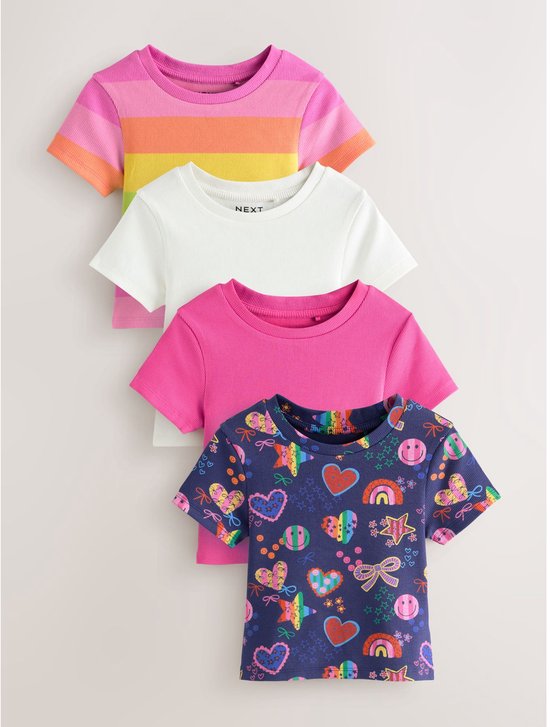 Set van 4 geribbelde T-shirts met korte mouwen: één met bonte print, één gestreept met regenboog, één wit en één felroze.