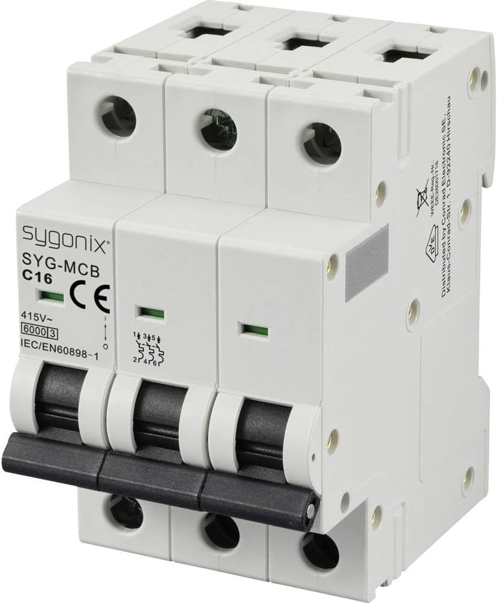 Zekeringautomaat 3-polig - Installatieautomaat - Elektrische Beveiliging - Hoge Kortsluiting - 16 Ampère - Grijs