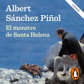 Boekomslag van 'El monstre de Santa Helena' met een man in kledij uit de 19e eeuw, kijkend naar een monster op een rotsachtig eiland.