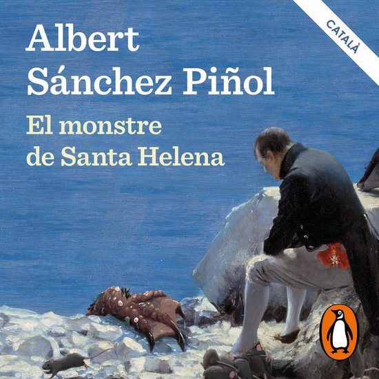 Boekomslag van 'El monstre de Santa Helena' met een man in kledij uit de 19e eeuw, kijkend naar een monster op een rotsachtig eiland.