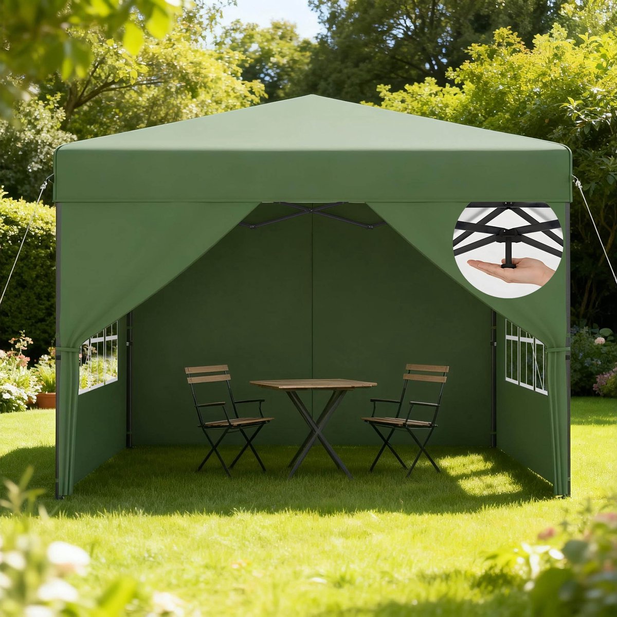 Aufun Pop-Up Partytent - 2.5 X 2.5 M - Groen - Stof Met Vierzijdige Rand - Hoogte Verstelbaar Van 240 Tot 260 cm - Opvouwbaar - Stalen Frame - Voor Tuin, Camping, Feest, Bruiloft, Binnenplaats