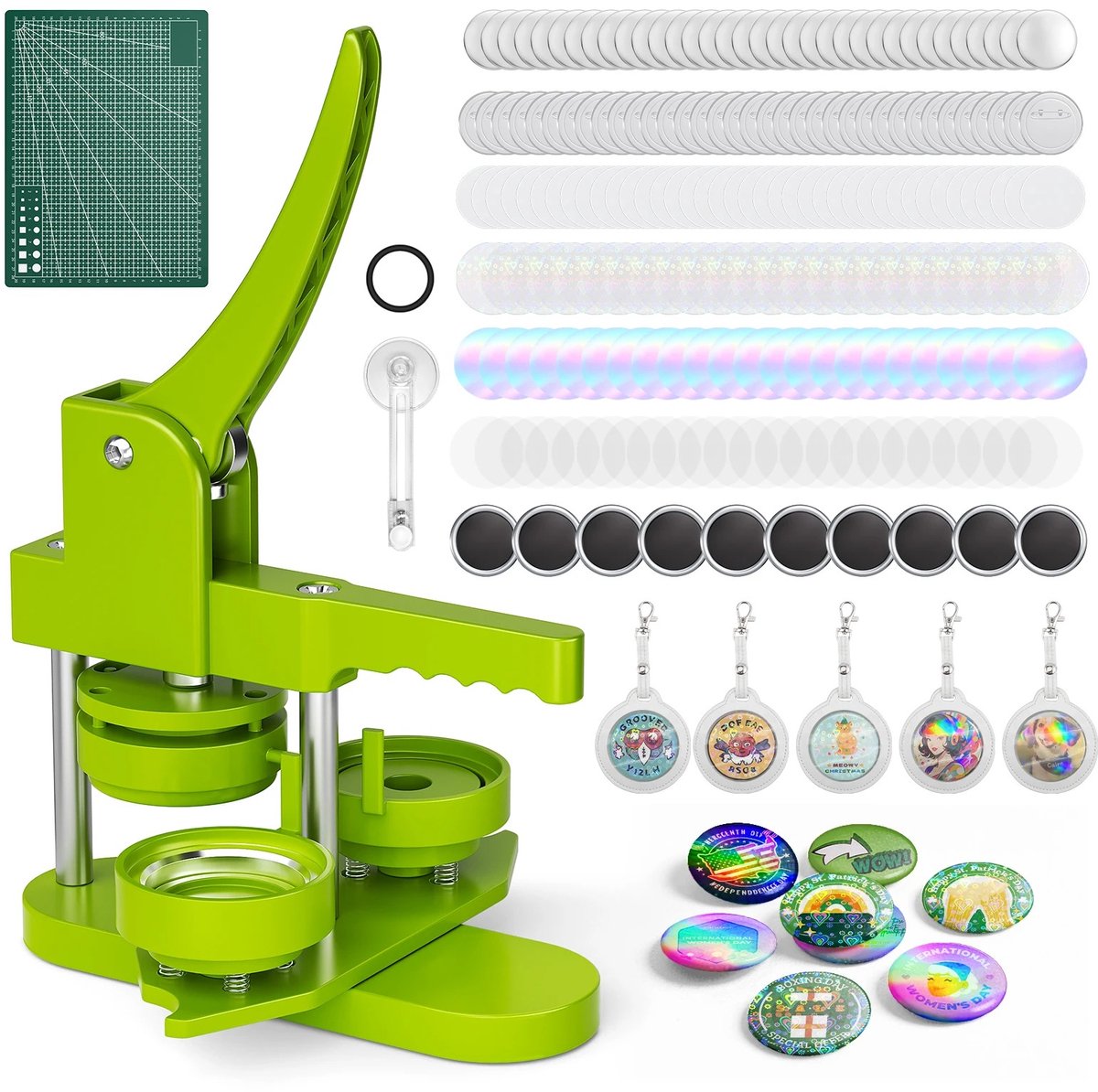 Sensova - Badge Maakmachine Set voor Beginners - Complete Knopmaker Kit met Snijmat, 100 Speldonderdelen en Kleurrijke Films - DIY Buttons, Pins en Koelkastmagneten Maken - Creatieve Hobby Set voor Kinderen en Volwassenen
