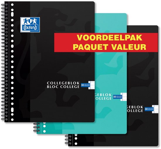 Pack promotionnel de trois blocs-notes Oxford. Noir et turquoise avec logo Oxford et motif de lion. Texte : VOORDEELPAK, PAQUET VALEUR, COLLEGEBLOK, 80 FEUILLES.