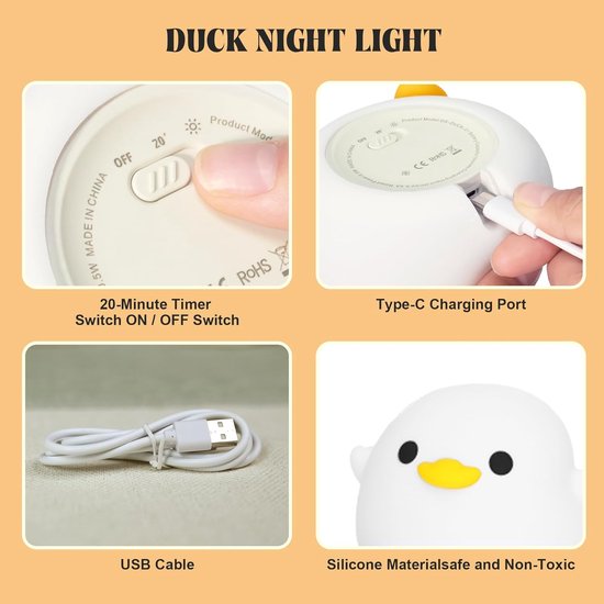 PolkaHome® Eend Nachtlampje Kinderen - USB Oplaadbaar - Dimbaar 2 Lichtstanden - Touch & Knijp Bediening - Siliconen LED Lamp - Met Timer - Baby & Kinderkamer van Merkloos — afbeelding 3