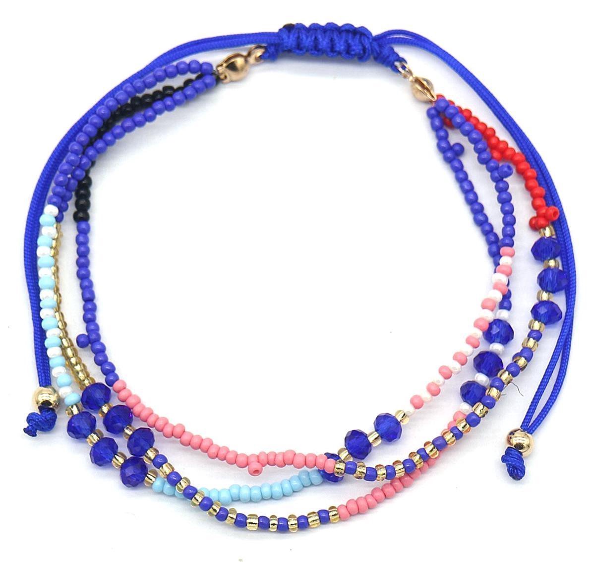 Armband Dames - 3 Lagen - Koord met Kralen - Lengte Verstelbaar - Blauw