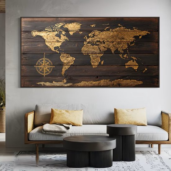 Canvas poster - Wereldkaart - World map - Vintage kaart - Goud zwart wanddecoratie - Grote muurdecoratie - 70x140 cm - ZONDER LIJST - Industrieel