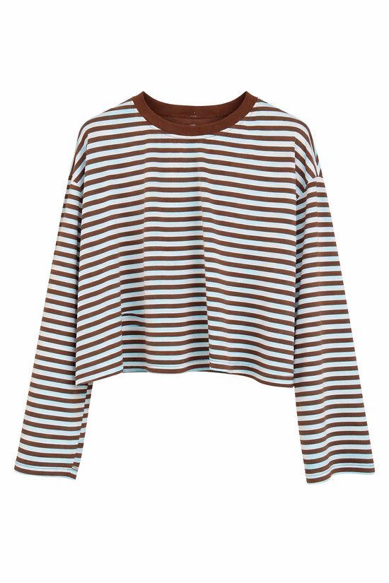 Shirt Rayé Femme Manches Longues – Coton – One Size 34-40 – Marron/Bleu
