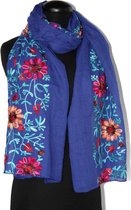 Konings blauwe dames sjaal met kleurrijke geborduurde bloemen - 90 x 165 cm