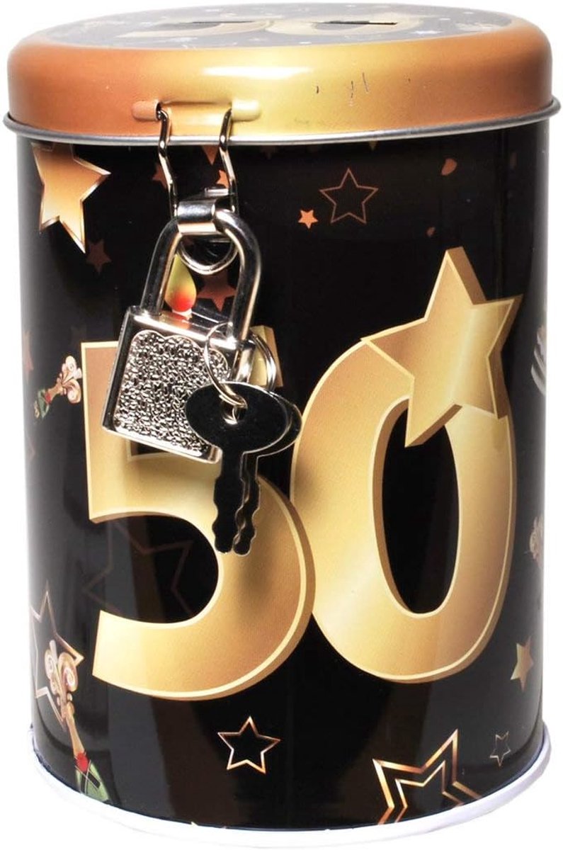Metalen spaarpot - Geld geschenkdoos - Kinderkamer decoratie - Met slot te sluiten - 11 x 8 cm - Zwart/goud