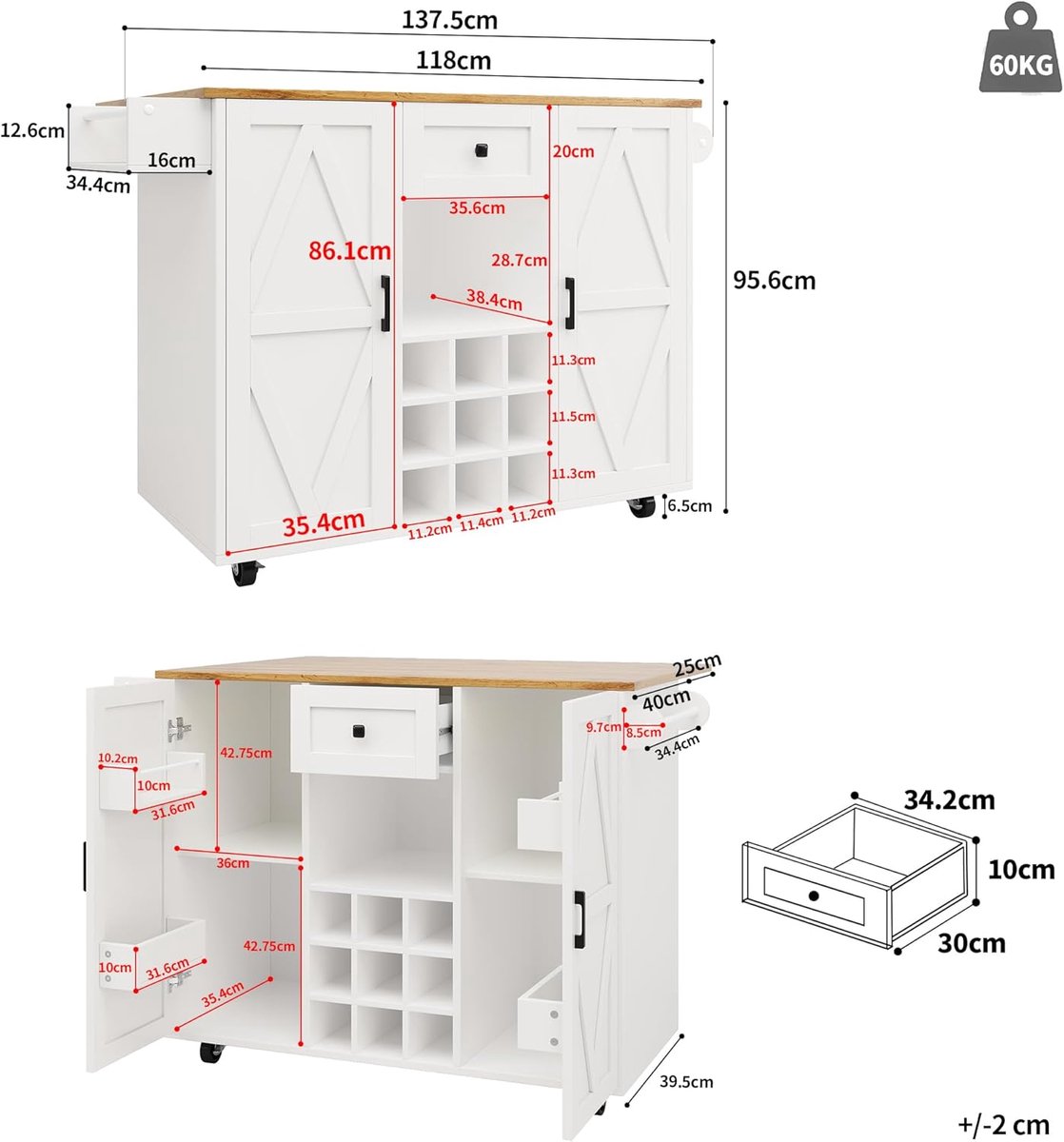 Keuken Eiland - Keuken Trolley - Extra Werkruimte - Inklapbaar Werkblad - 118x40x95.6cm - Wit
