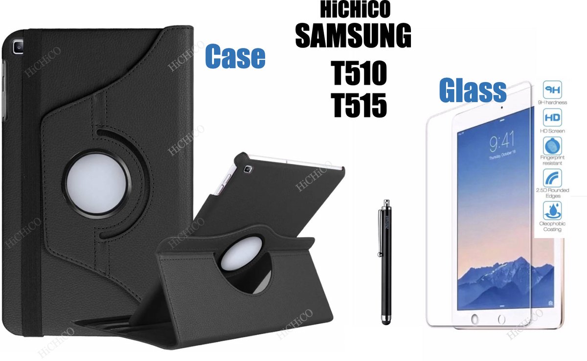 Samsung Galaxy Tab A 10.1 (2019) ) SM-T510 / T515 HiCHiCO Tablet Hoes met 360° draaistand Cover Tablet hoesje Zwart en Stylus Pen + Screen Protector