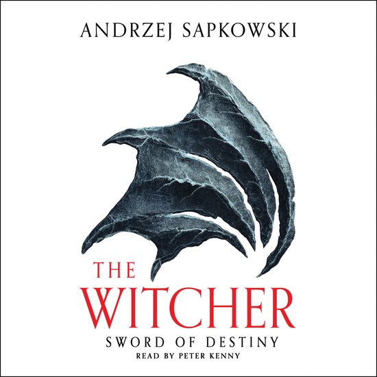 Couverture de l'audiolivre The Witcher : Sword of Destiny, avec une griffe monstrueuse grise et du texte rouge.