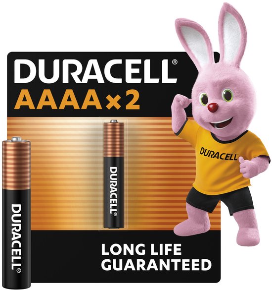 Le lapin Duracell à côté de deux piles AAAA. Le texte dit 'DURACELL AAAA x2 LONG LIFE GUARANTEED'.
