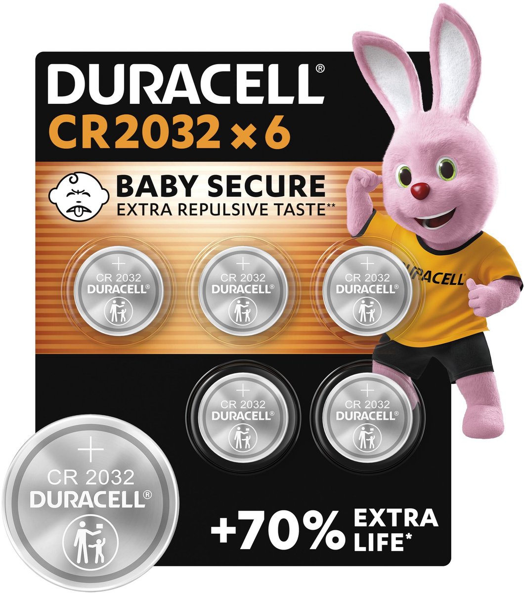 Duracell 2032 Lithium Button Cell Batteries - 3V, CR2032 - Pack of 6