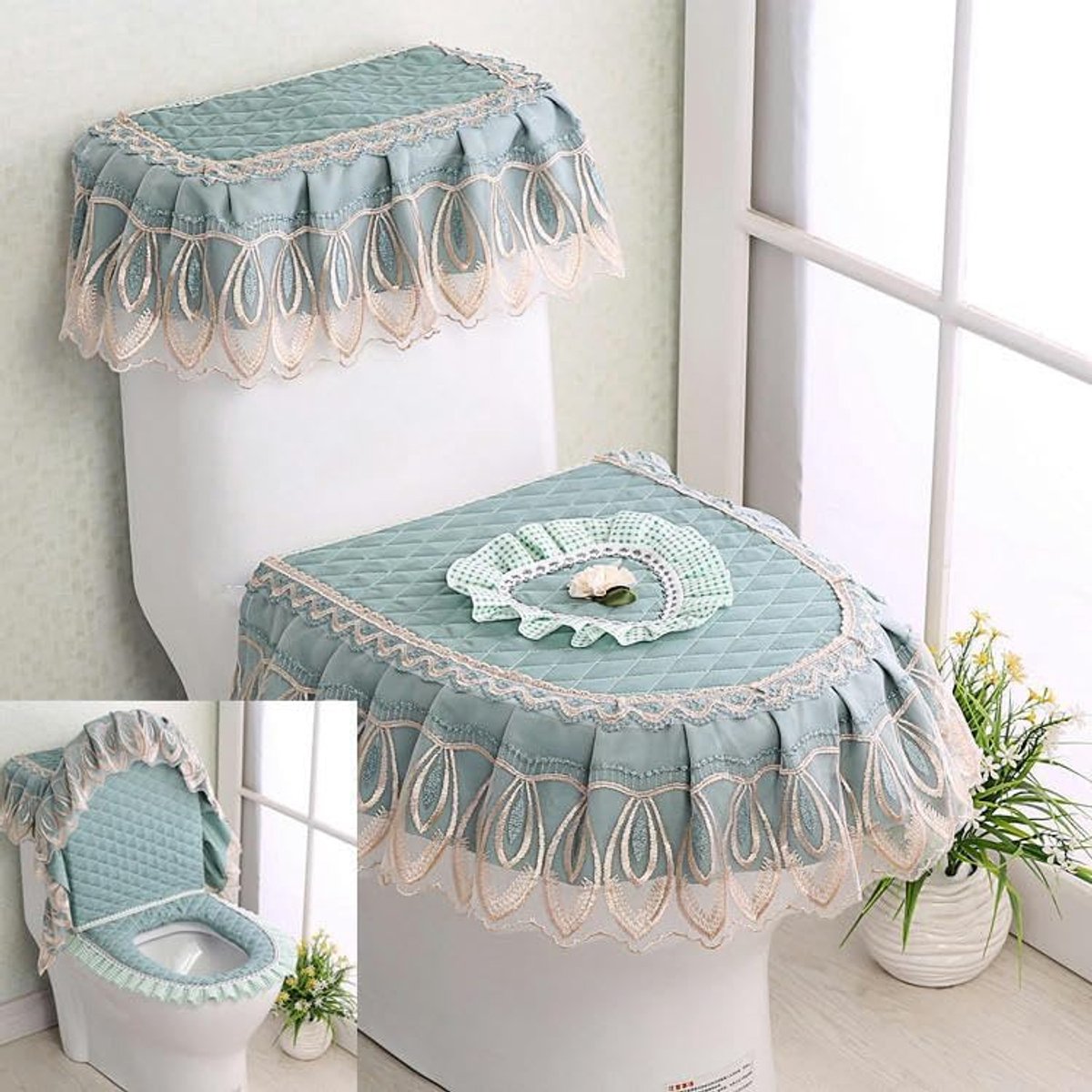 Toiletzittingkussen Kantstof - Badkamer Set - Extra Comfort - Drie Delig - U-Vorm Ring - Blauw