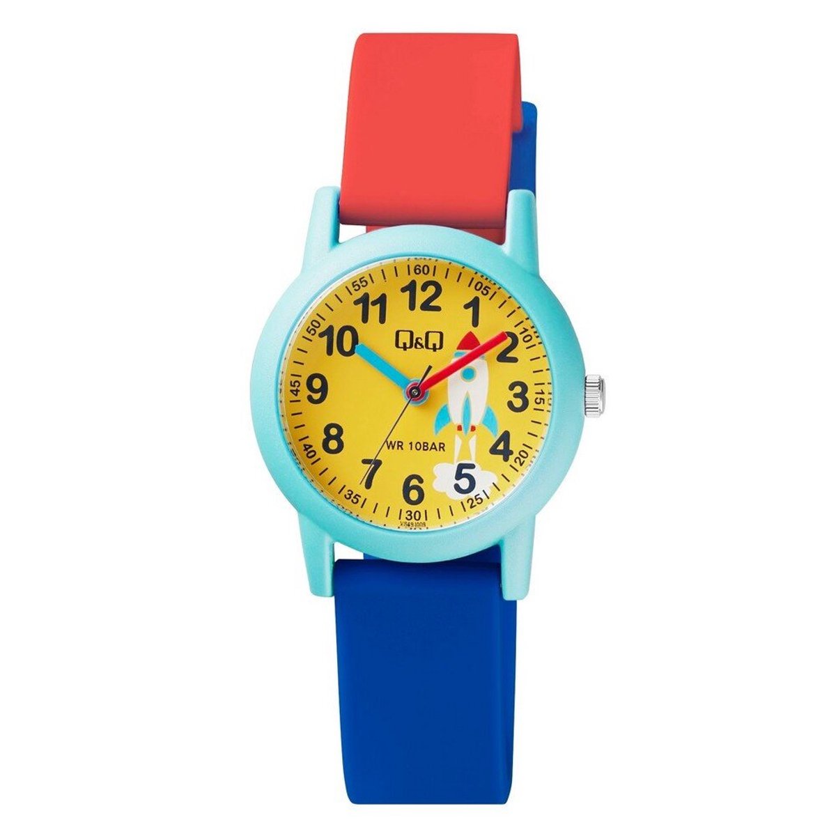 QQ VS49J009Y - Horloge - Analoog - Kinderen - Unisex - Plastic band - Rond - Cijfers - Raket - Kunststof - Sport - Donkerblauw - Rood - Groen - Geel - 10 ATM