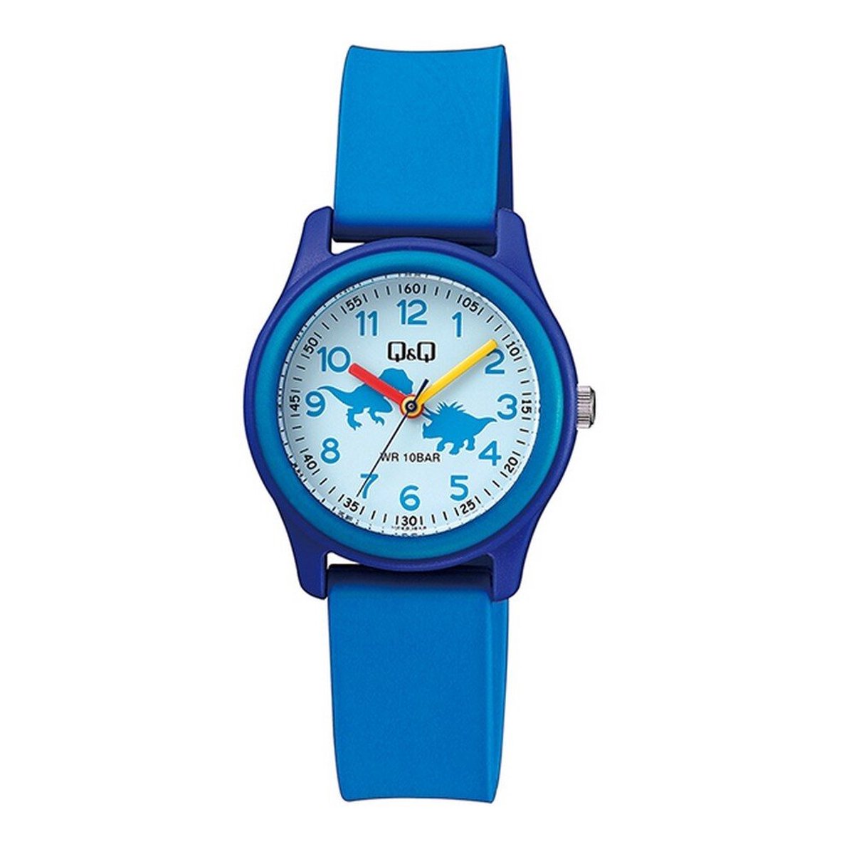 QQ VS59J010Y - Horloge - Sport - Analoog - Kinderen - Unisex - Plastic band - Rond - Kunststof - Cijfers - dinosaurussen - DonkerBlauw - LichtBlauw - Wit - 10 ATM
