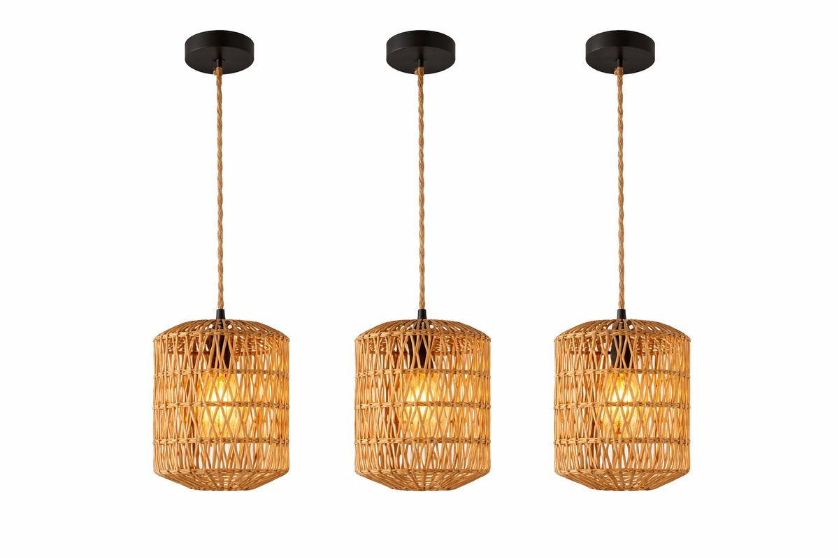 Jurrys Hanglamp - Boho lamp - Plafondlamp - Sfeerlamp - Set van 3 - Touwkleur - Verstelbare Kabel 150 cm - Maat 17.5 x 21 cm