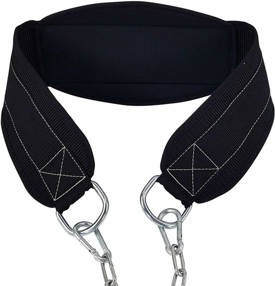 Zwarte diptrainingsriem met bredere steun en metalen ketting.