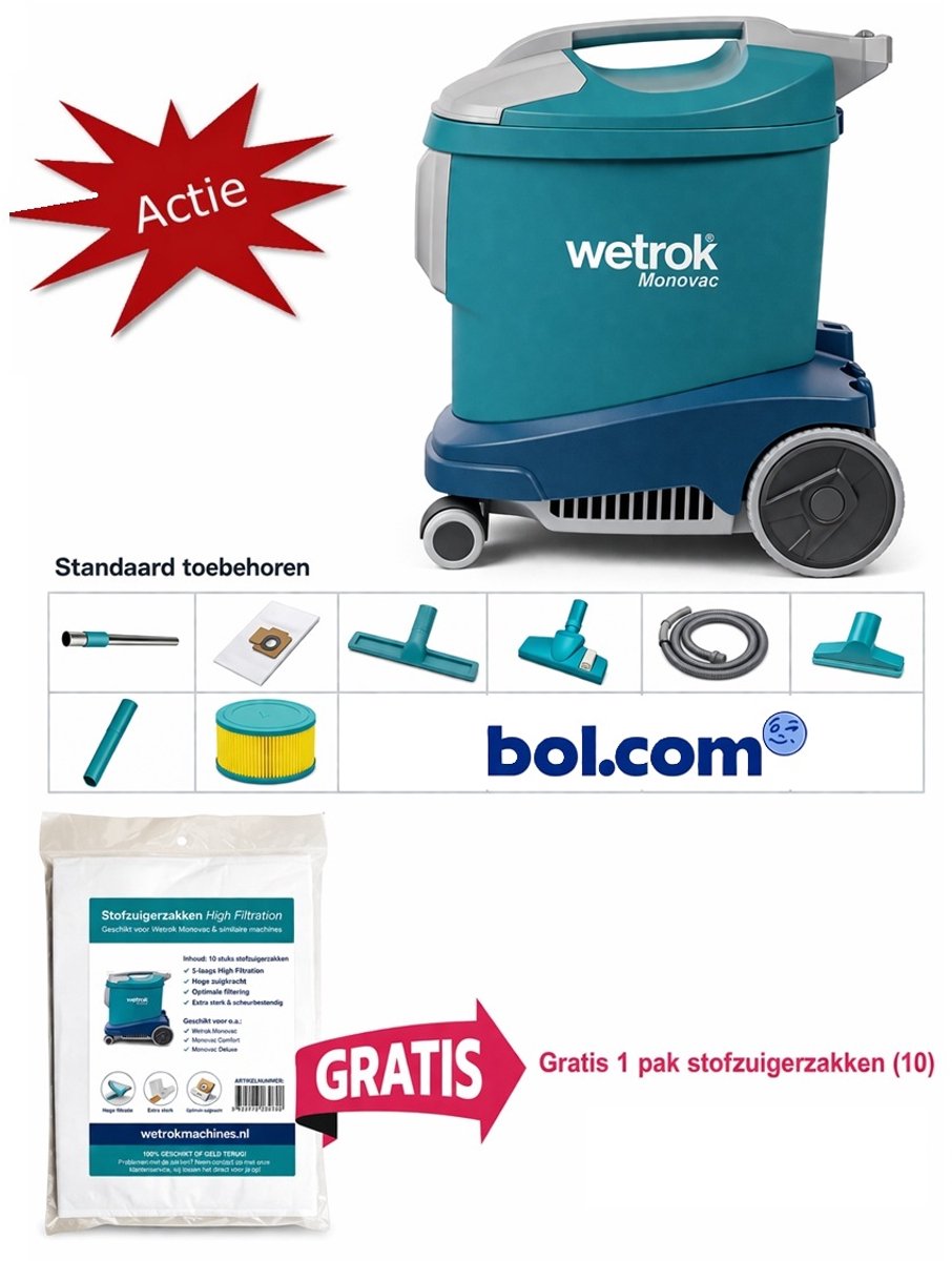 Wetrok Comfort 11 COMPLEET PAKKET, Krachtige Zuigkracht, Professionele Stofzuiger – 900W – Zeer Stil (56 dB) – 12 m Kabel – Industriële Stofzuiger – Incl. 10 gratis stofzuigerzakken