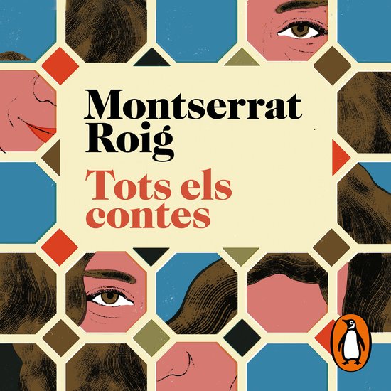 Boekcover met tekst 'Montserrat Roig Tots els contes' op een achtergrond van geometrische patronen en gezichtsdelen van vrouwen.