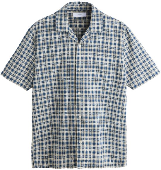Blauw overhemd met korte mouwen, textuur en een geruit patroon, voorzien van een Next-label.
