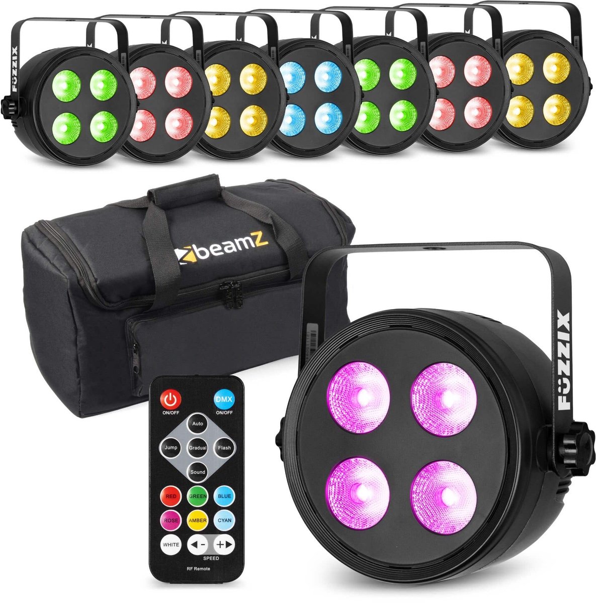 Fuzzix set van 8 PLF20 Party LED parren in flightbag - 4x 12W LED’s - Met DMX en afstandsbediening