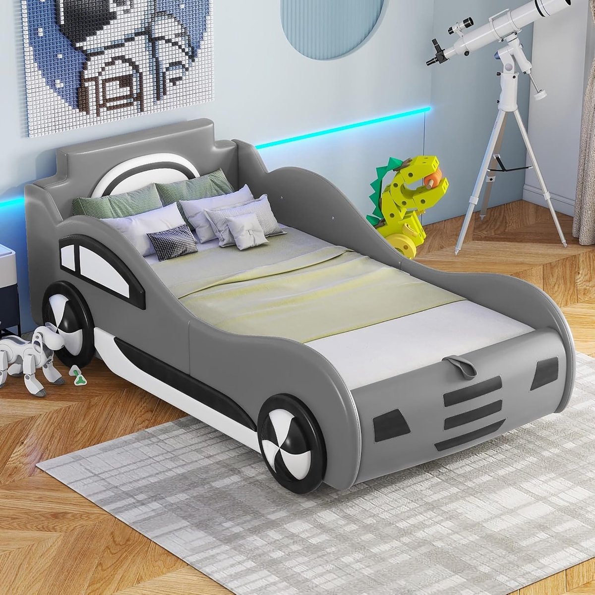 Autobed Kinderbed - Jongensbed Meisjesbed - Slaapkamer Decoratie - Op auto geïnspireerd design - 90 x 200 cm - Grijs