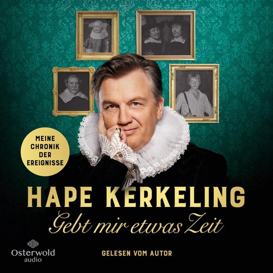 Hape Kerkeling met grote kanten kraag, omringd door vier portretten. "Meine Chronik der Ereignisse".