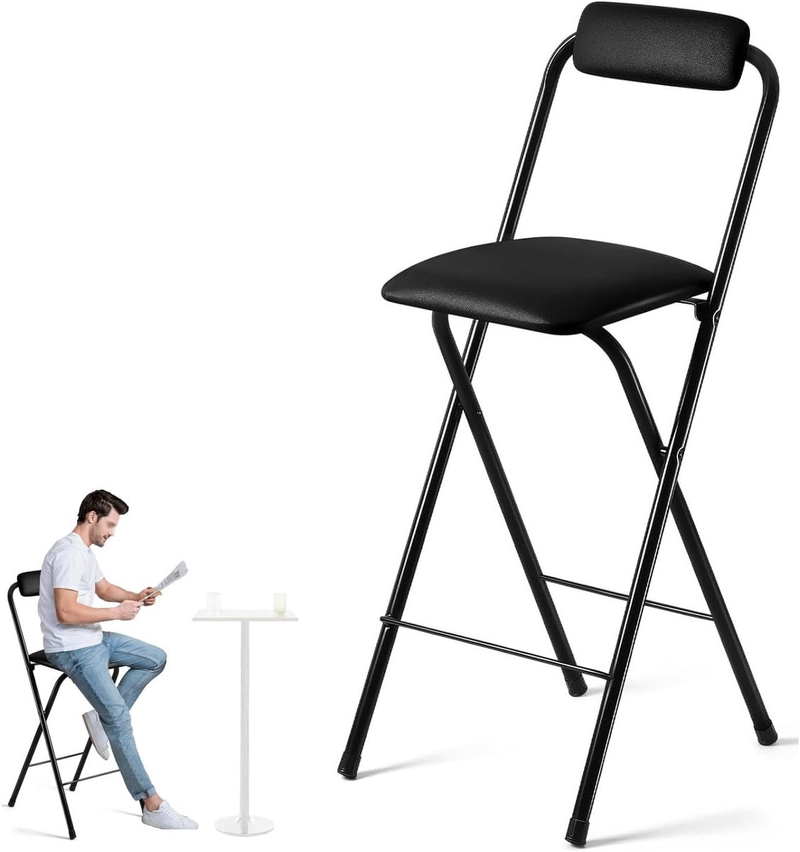 Inklapbare Barkruk - Hoge Kruk - Ontbijt Keuken - Met Rugleuning - 65cm - Zwart
