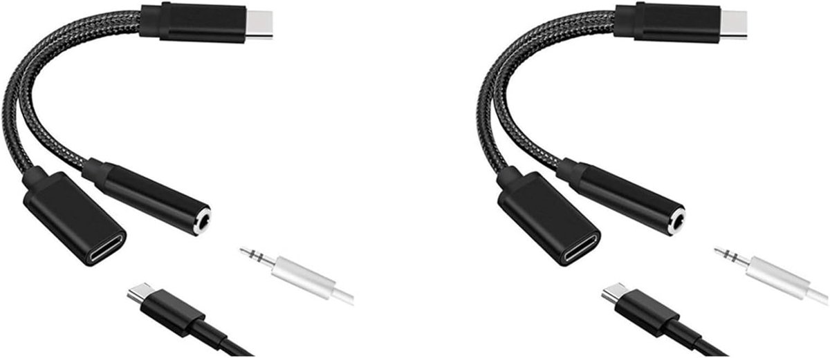 Audio Splitter - Type C Adapter - Opladen Muziek - 2 in 1 Functie - 9x2x2 cm - Zwart