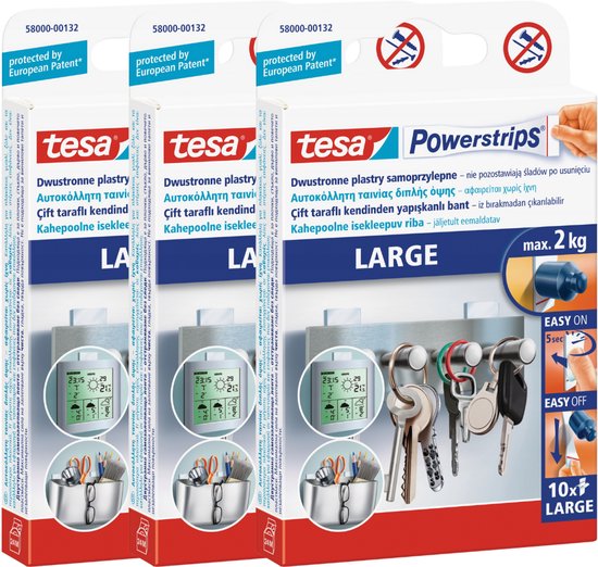 Verpakking met drie tesa Powerstrips LARGE, met voorbeelden van gebruik: sleutels, klok en scharen.