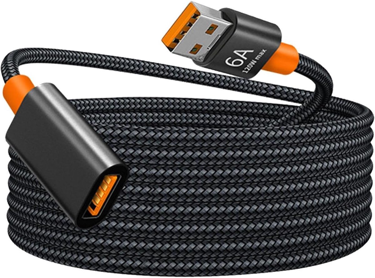 USB Verlengkabel - Data Kabel - Apparaten Verbinden - Nylon Gevlochten - 15 Meter - Zwart