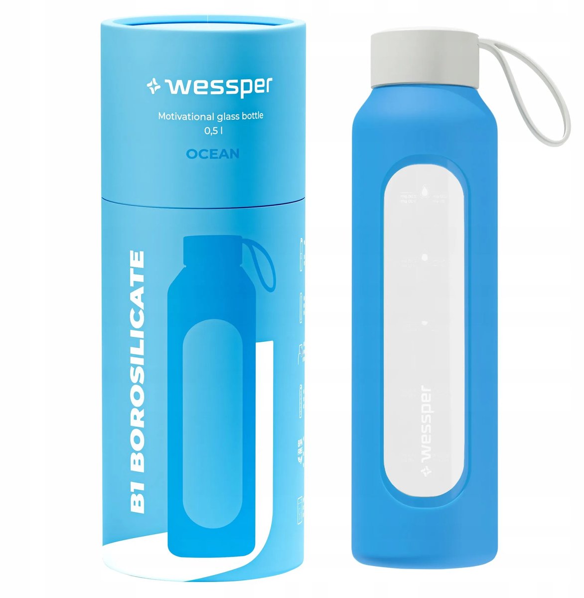Glazen Motivatiefles 500ml – Duurzame Waterfles in OCEAN BLUE
