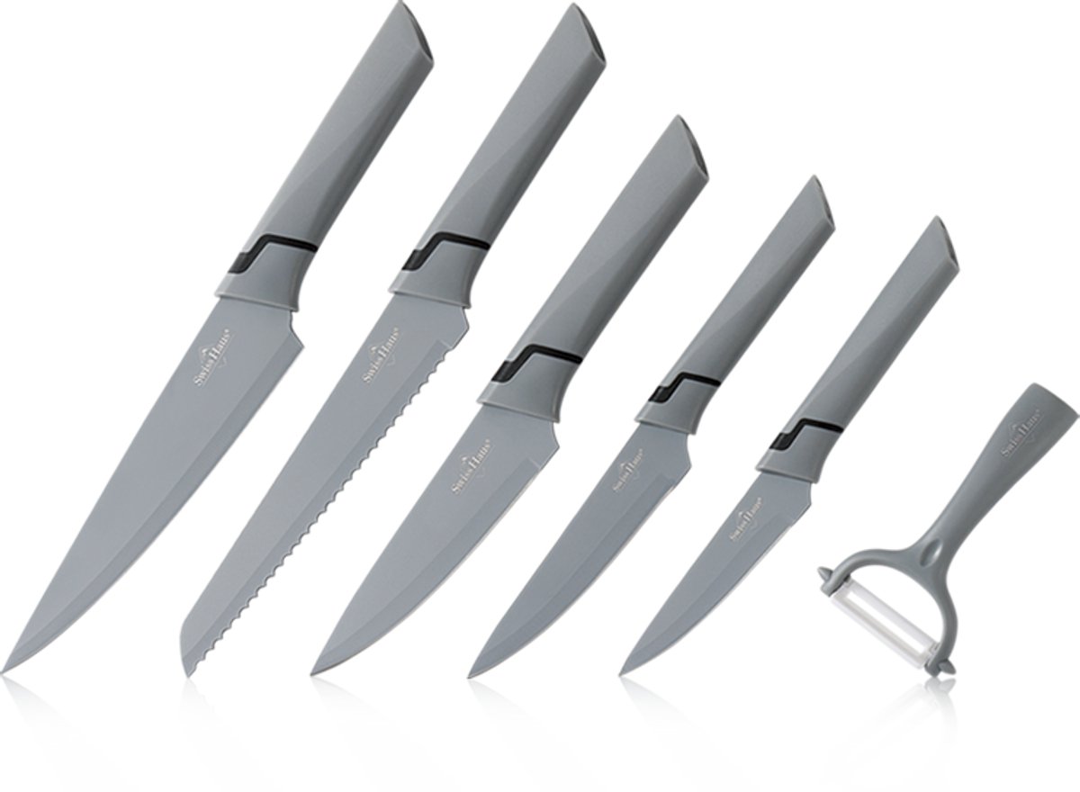 Swiss Haus® RB6S Messenset - 6 Delig Professionele Koksmessen Set met Broodmes, Koksmes, Vleesmes & Dunschiller – Antiaanbaklaag – Inclusief Geschenkdoos - Grijs