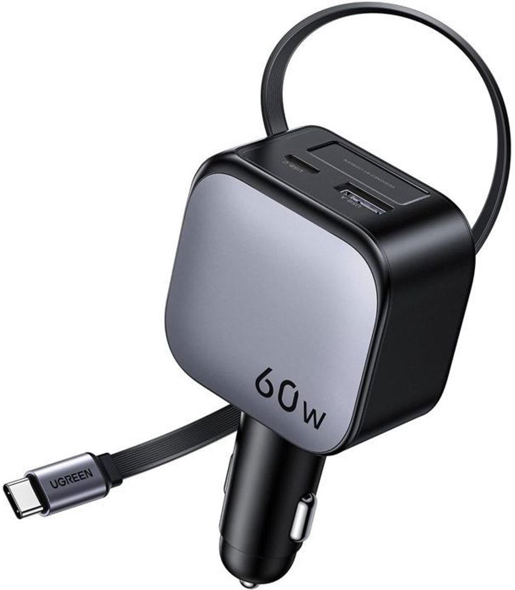 Autolader - UGREEN - 60W - USB-A + USB-C - Intrekbare versie - Zwart
