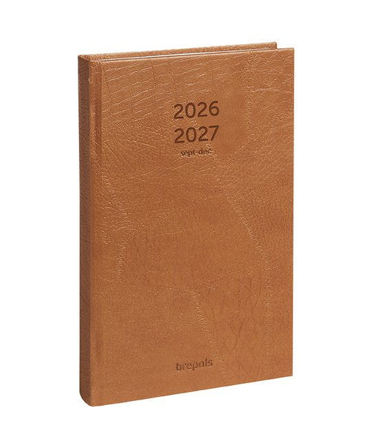 Couverture brune en carton d'un agenda avec le texte '2026 2027 sept-dec' et 'brepols'.
