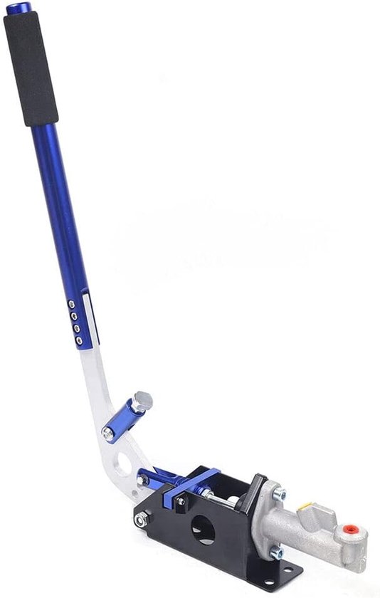 Blauwe en zilverkleurige hydraulische handrem met zwarte handgreep. De hendel is bevestigd aan een zwarte basis.