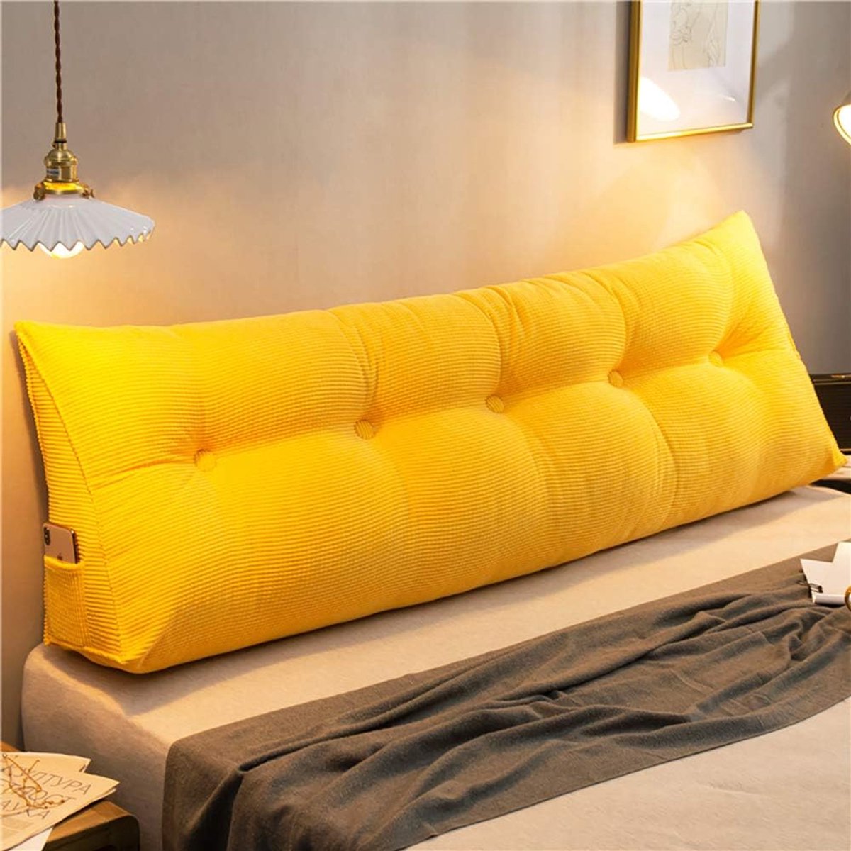 Wigkussen Bed - Rugsteun Hoofdeinde - Lezen Ontspannen Zitten - Gestoffeerd Katoen - 120x25x50cm - Geel