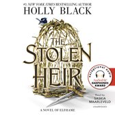 Boekomslag van 'The Stolen Heir' van Holly Black met een gouden titel en een vogel op een mandje van takken. AudioFile Earphones Award.